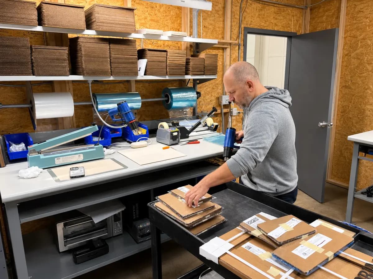 Packing orders: items in shrink wrap, labelled boxes on a cart ready to ship