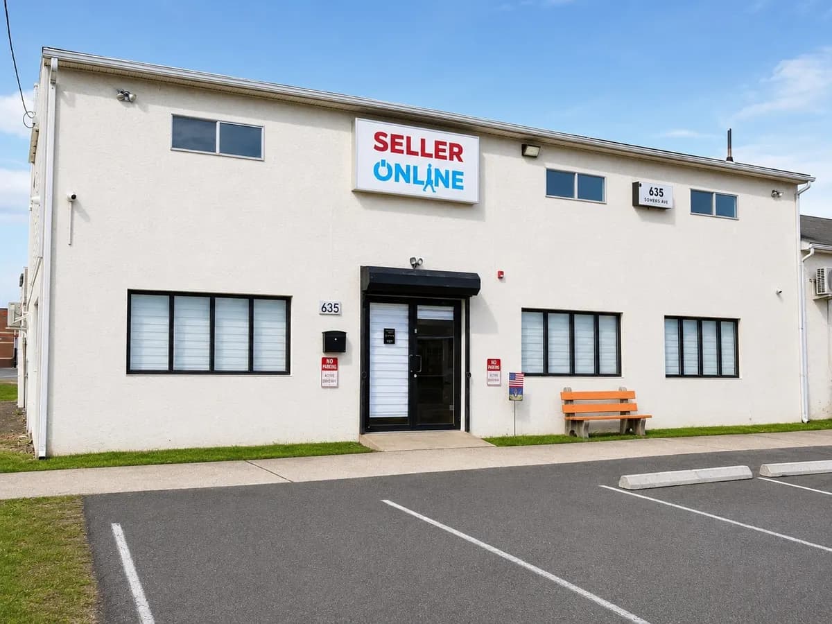 White two-storey warehouse and office building in Trevose with a Seller Online sign